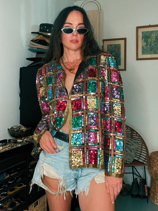 Laurence Kazar Jackets & Blazers - 90s Laurence Kazar Multicolor Sequin Patchwork Jacket with Gold Trim